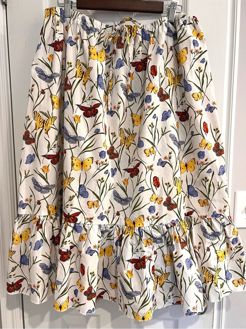 Handmade Butterfly Floral Tiered Midi Skirt White Cotton Red Yellow Blue Ruffle